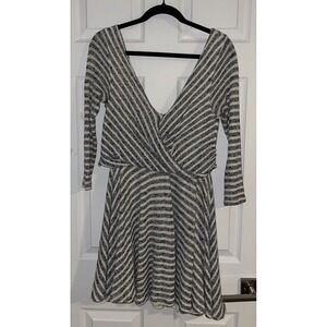 Free People Maverick Short Dress Striped Knit Boho Faux Wrap Gray Cream A-line
